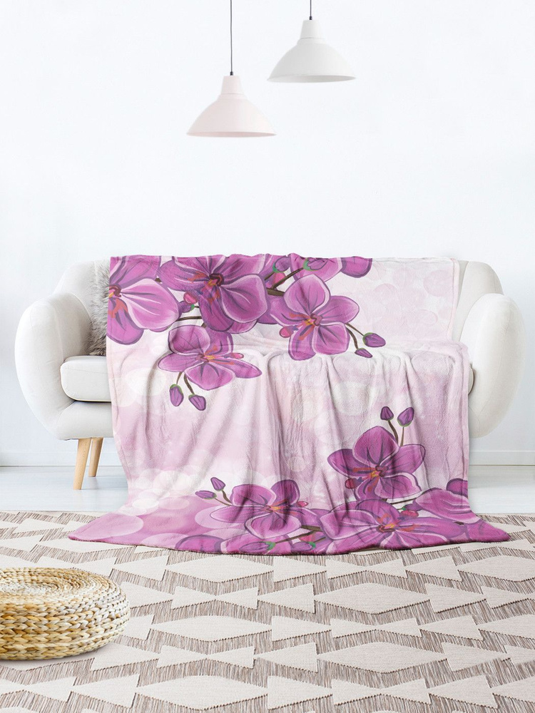 Плед покрывало для дивана пикника на кровать "Орхидеи на боке", велсофт, 180х230 см  #1