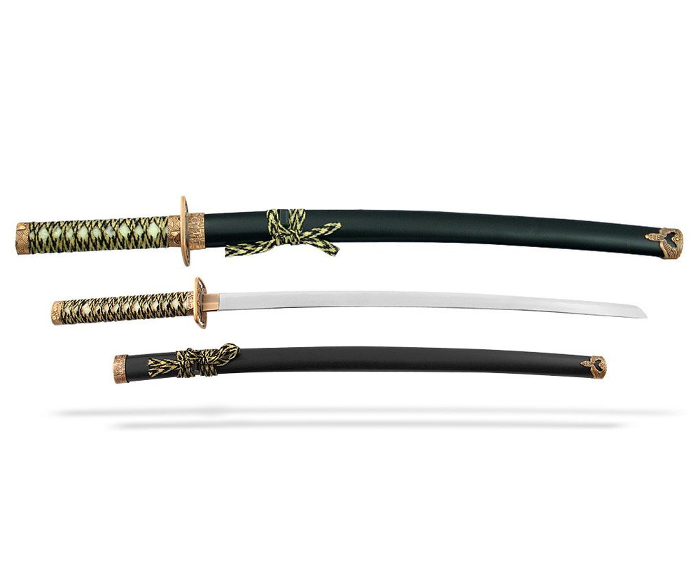 Самурайские мечи Катана и Вакидзаси (2 шт., черные ножны, бронзовая цуба)  #1