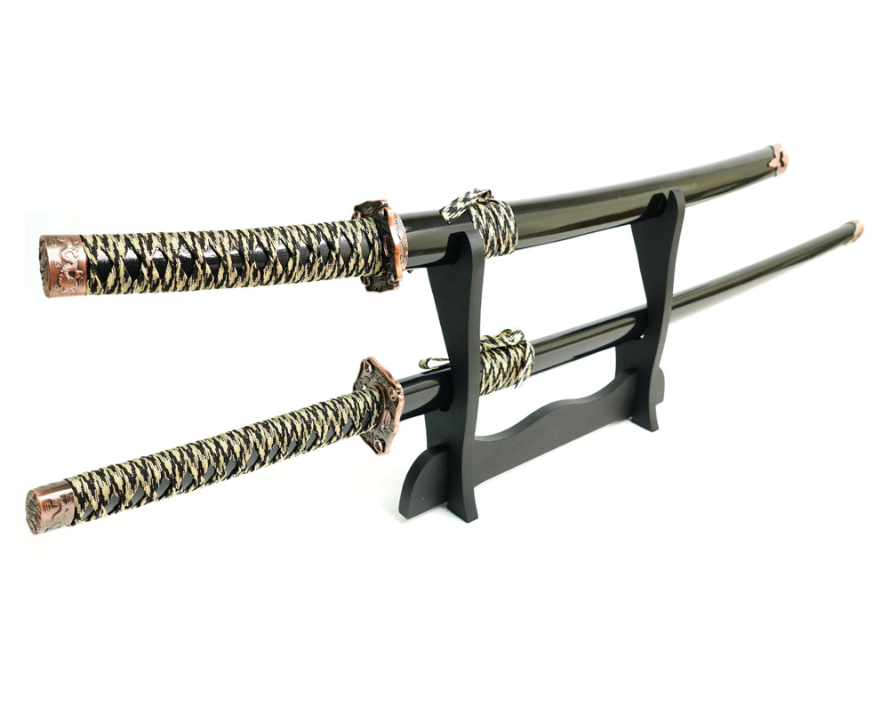 Самурайские мечи Катана и Вакидзаси (2 шт., черные ножны, медная цуба)  #1