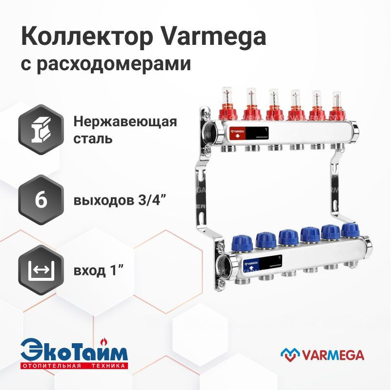 VARMEGA Коллектор из нержавеющей стали с расходомерами 6 выходов / контуров / отводов VM15106  #1