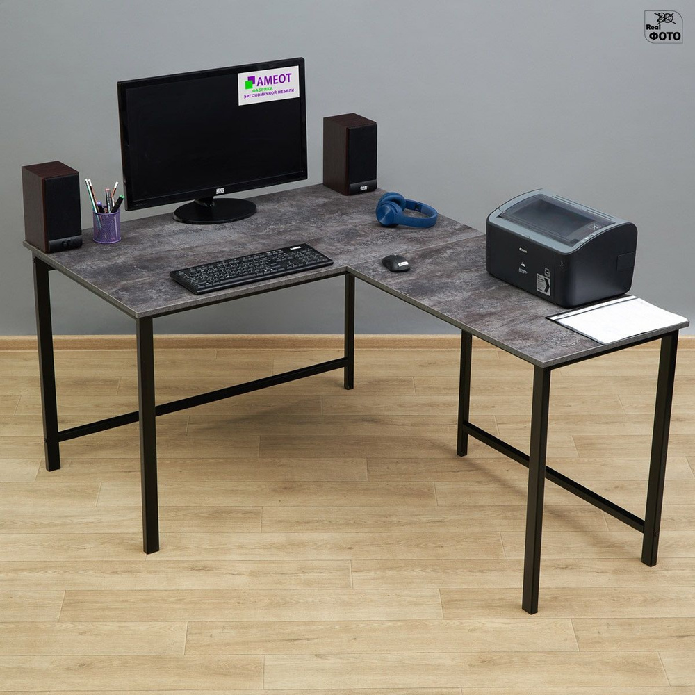 Компьютерный угловой стол на металлокаркасе Даврит 1ЦТ 120х120 цемент темный/черный  #1