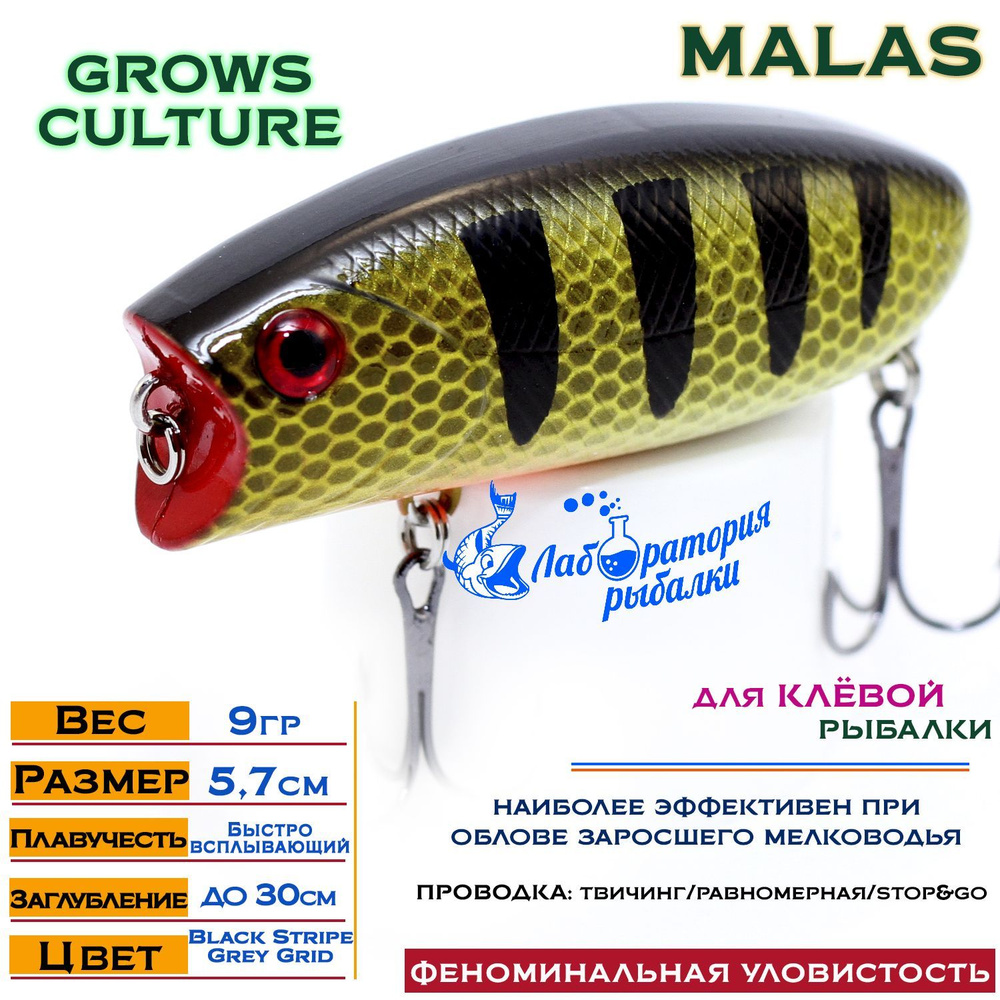 Воблер поверхностный Malas Grows Culture / длина 57 мм , вес 9 гр , цвет 3005 Black Stripe Grey Grid #1