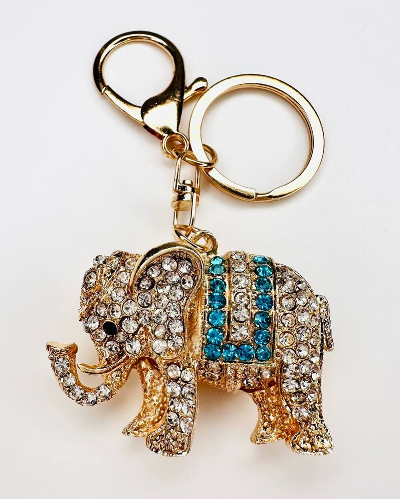 Брелок с карабином для ключей для сумки, большой золотой брелок с камнями, брелок со слоном с голубыми #1