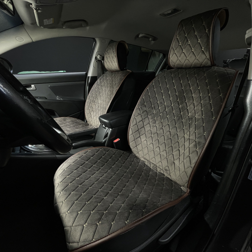 Накидки для Lexus CT (2010-2024) на передние сиденья Maximal Ромб, Алькантара, Шоколадный с бежевой строчкой #1