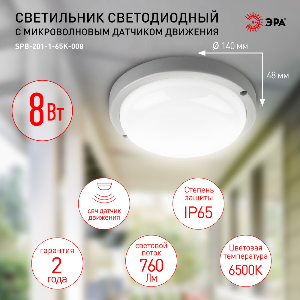 Настенно-потолочный светильник светодиодный уличный ЭРА SPB-201-1-65K-008 влагозащищенный IP65 ЖКХ с #1