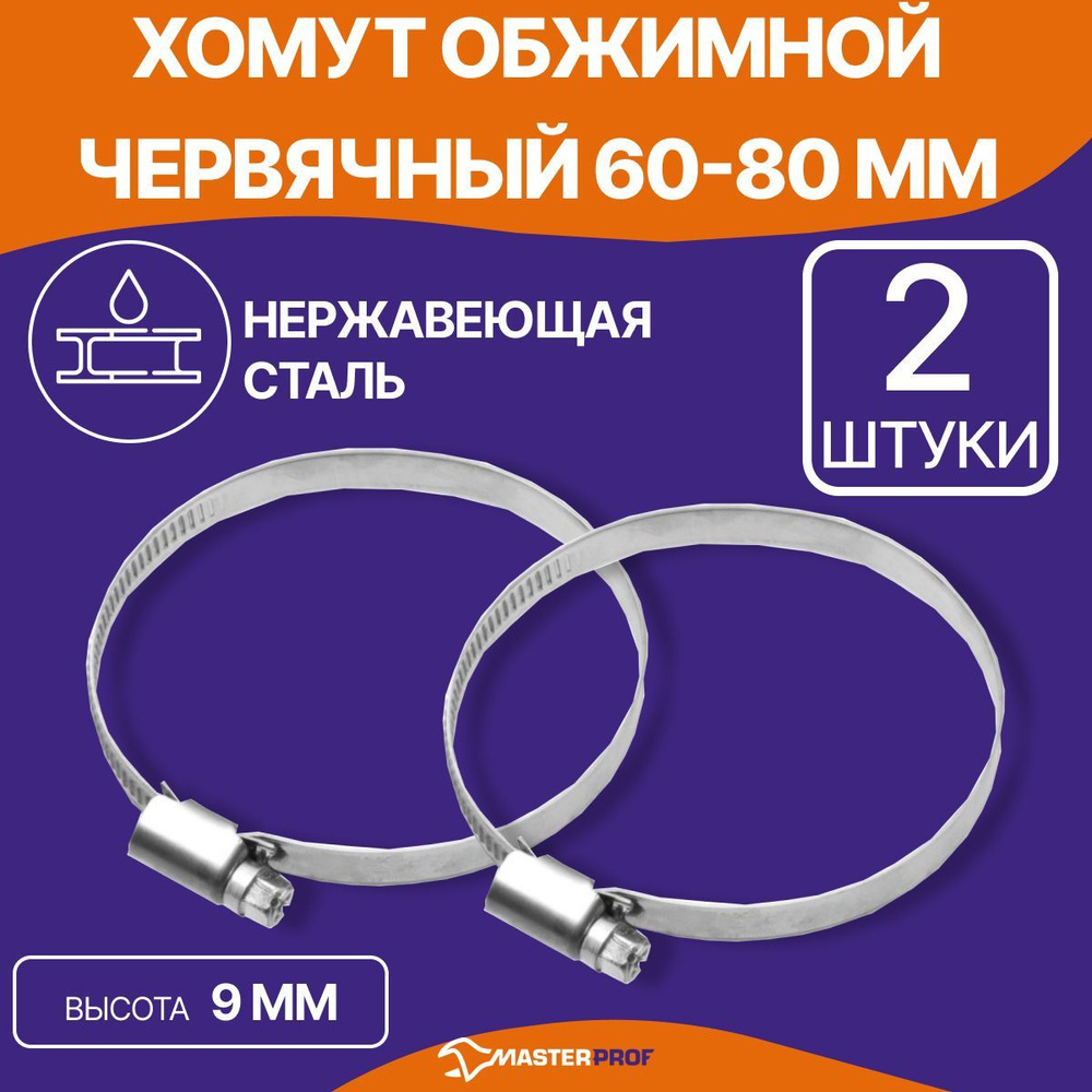 Хомут обжимной металлический 60-80 мм для шланга и труб, червячный, 2 шт  #1