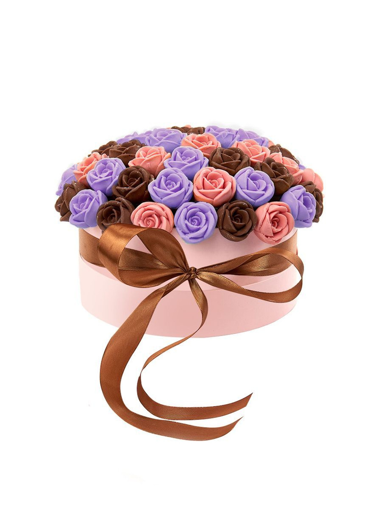 Розы из шоколада 101 шт. CHOCO STORY в Фиолетовой Шляпной коробке: Розовый, Фиолетовый и Коричневый Бельгийский #1