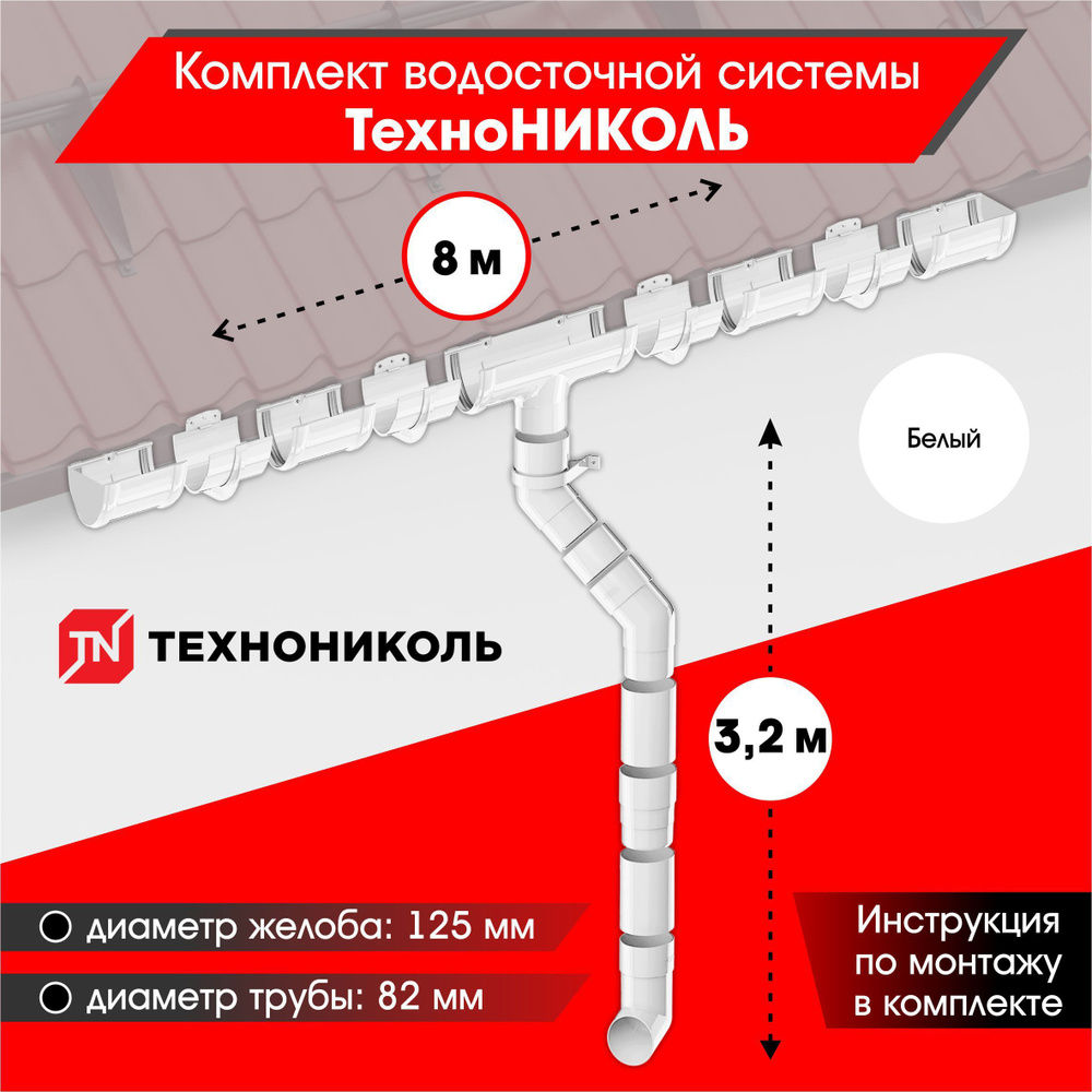 Водосточная система для крыши комплект ТехноНИКОЛЬ RAL 9003 водосток для крыши дома для ската 8м, белый #1