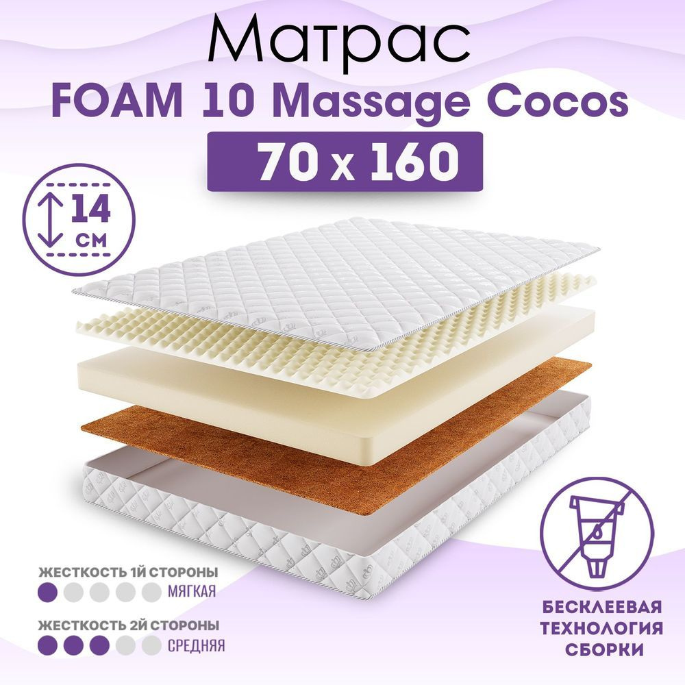 BeautySon Матрас в кроватку Roll Foam 10 Massage Cocos, Беспружинный, 70х160 см  #1