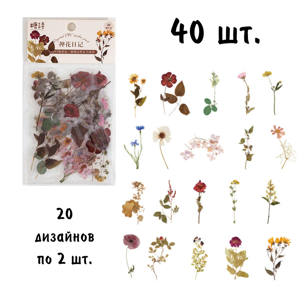 Эстетичные наклейки Засушенные цветы 40 шт. для ежедневника скрапбукинга, на телефон, ноутбук, для заметок. #1
