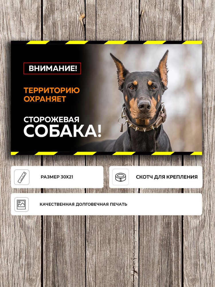 Красивая табличка "Осторожно злая собака" с Доберманом черная А4 (30х21см)  #1