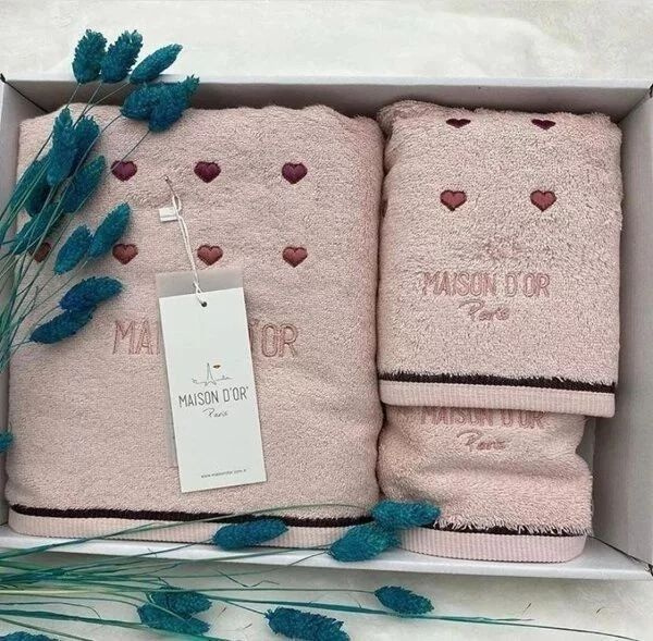 Maison D`or Набор полотенец для лица, рук или ног, Хлопок, 50x90, 70x140, 30x50 см, розовый, 3 шт.  #1
