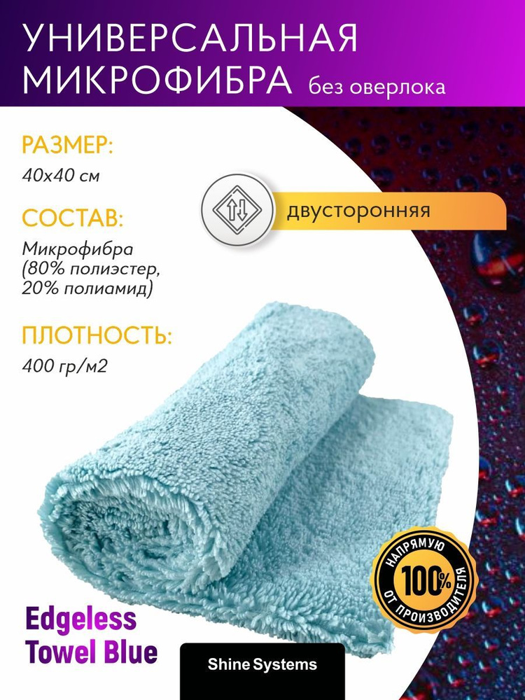 Микрофибра без оверлока Shine Systems Edgeless Towel Blue, 40*40см, 400гр/м2, голубая  #1