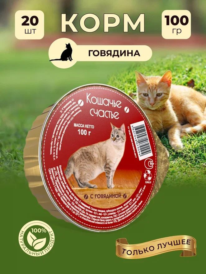 Корм влажный "Кошачье счастье", консервы для кошек / Говядина, 20 шт. по 100 г  #1