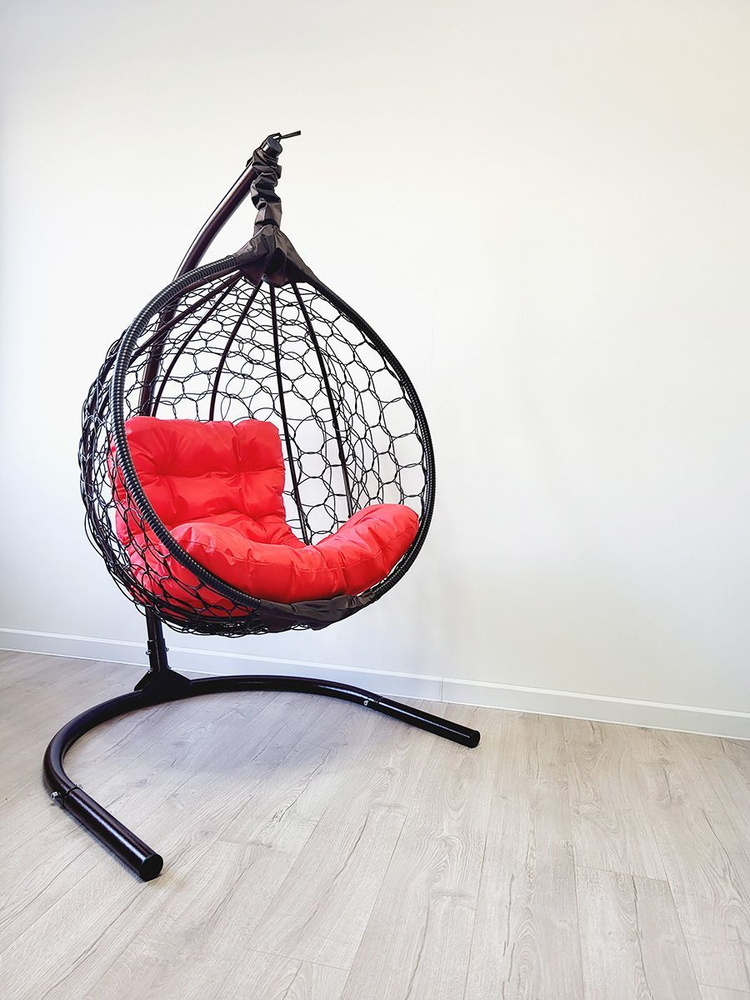 Подвесное кресло для дома и сада 100х106х175 см, Like Ажур. Кресло шоколадное, подушка трапеция красная. #1
