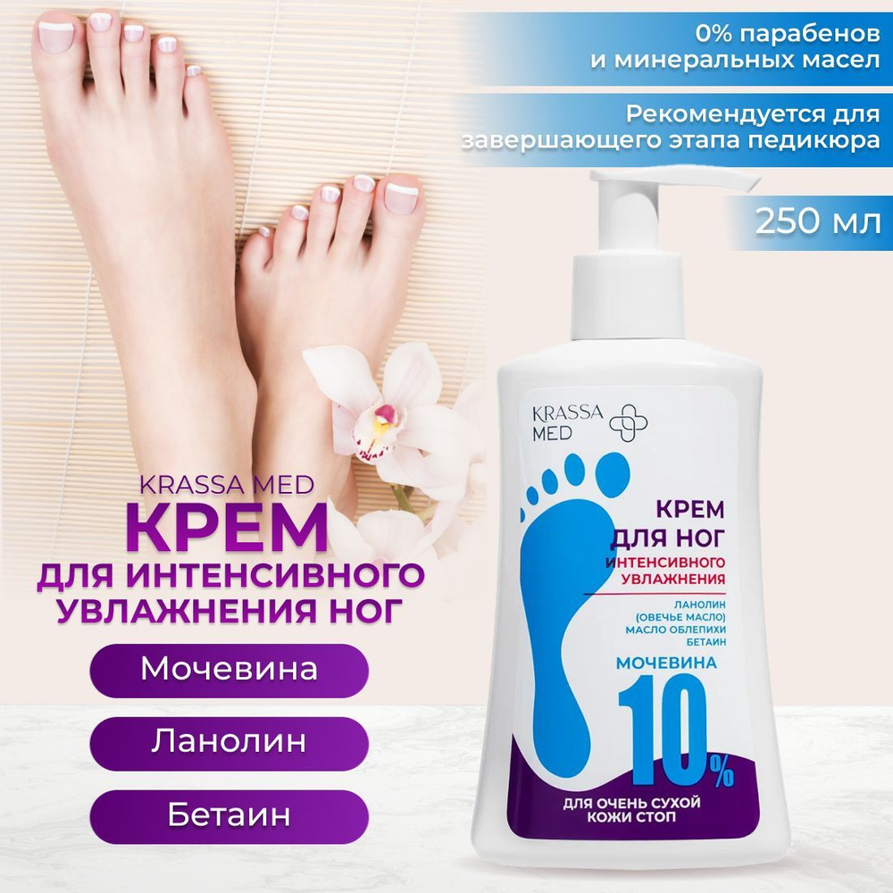 Увлажняющий крем для ног с мочевиной 10% от трещин и сухости KRASSA MED "Soft Effect", Ланолин, Бетаин, #1