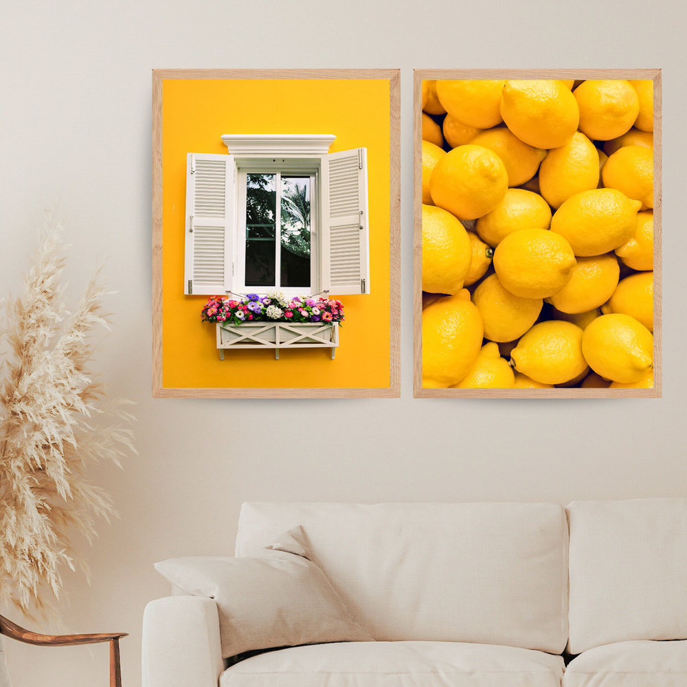 Постеры на стену "Лимоны и красивые ставни" набор из 2 штук, 30х42 см, набор плакатов в желтых цветах #1