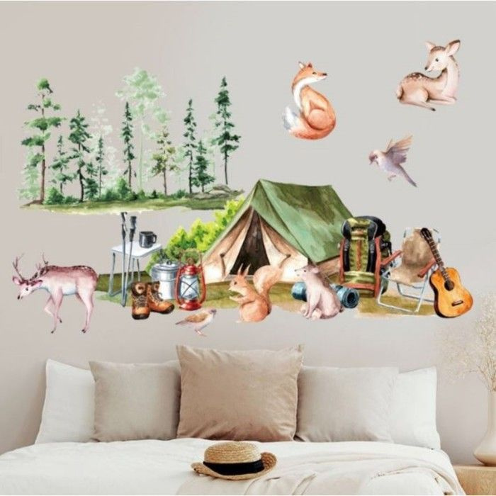 Наклейка пластик интерьерная цветная "Палатка в лесу со зверятами" 30х90 см  #1