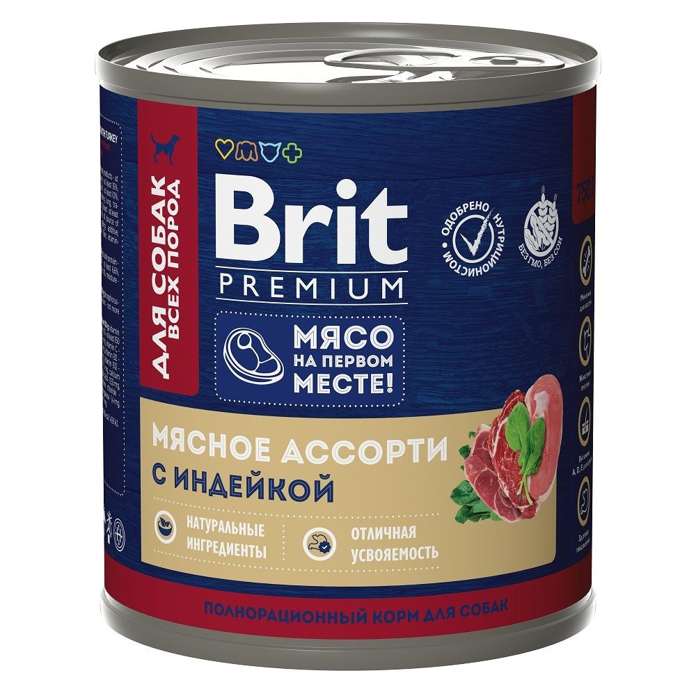 Корм консервированный для взрослых собак BRIT Premium Мясное ассорти с индейкой, 750г  #1