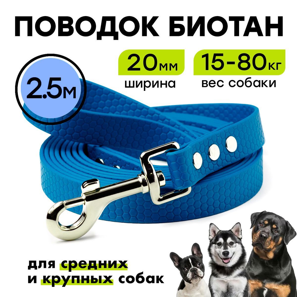 Поводок из биотана 2,5 м, ширина 20 мм, Woofy "Geksa", прорезиненный, водостойкий, синий  #1