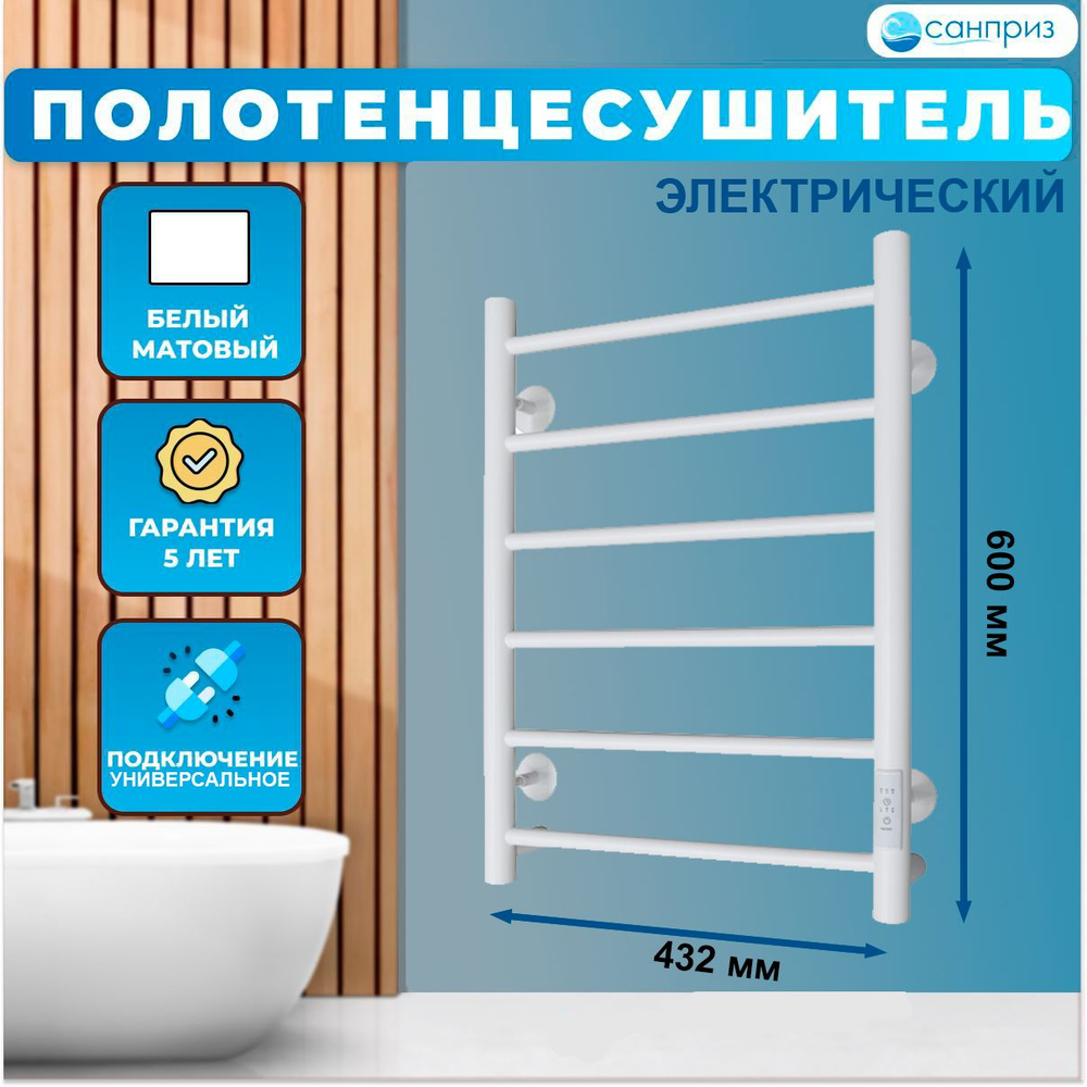 Полотенцесушитель электрический САНПРИЗ Аврора П6 400мм 600мм белый матовый подключение универсальное #1