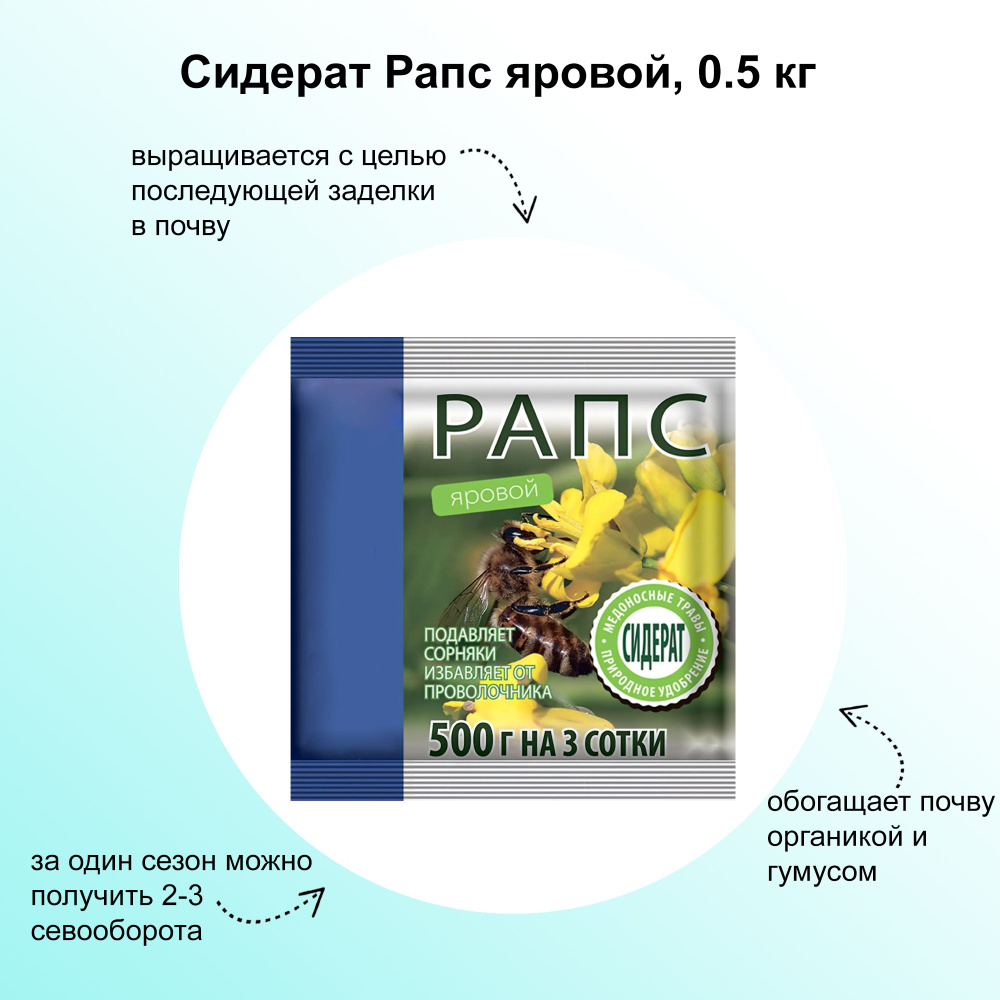 Сидерат Рапс яровой, 0.5 кг: выращивается с целью последующей заделки в почву; за один сезон можно получить #1