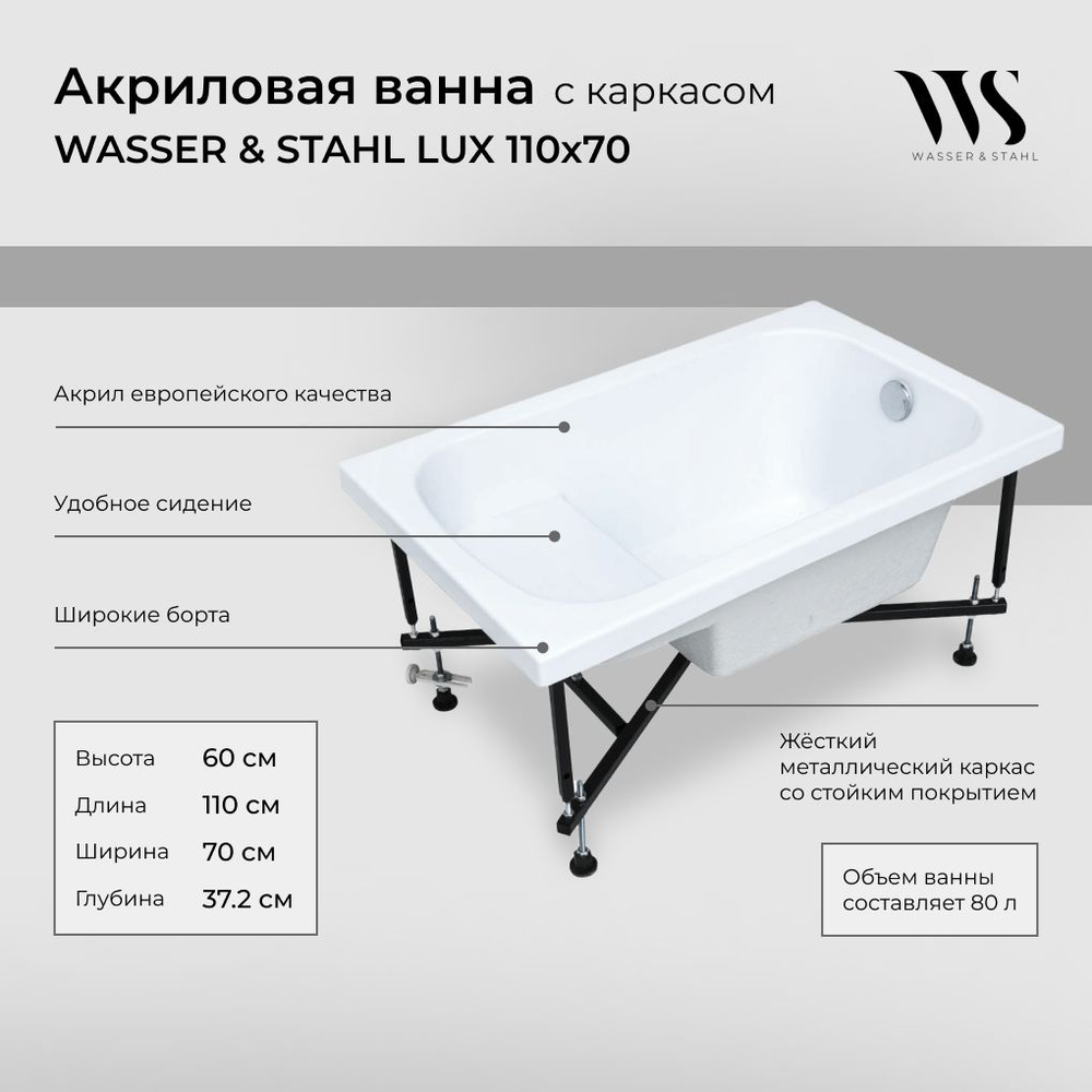 Акриловая ванна WASSER & STAHL LUX 110x70 с каркасом #1