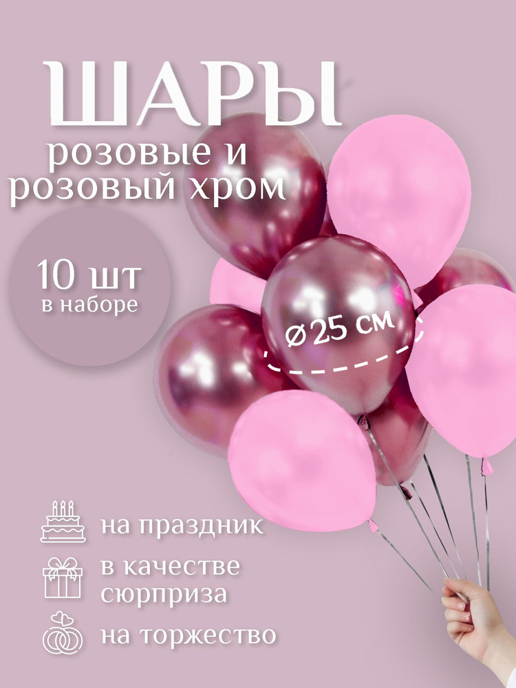 Воздушные шары "РОЗОВАЯ пастель / РОЗОВЫЙ хром" 10 шт. 25 см. латексные.  #1