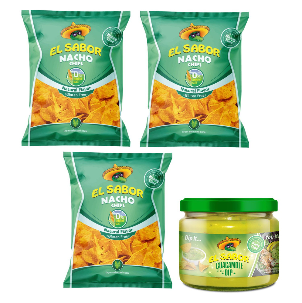 El Sabor чипсы Nachos без глютена без соли 3 пачки 100гр с соусом ...