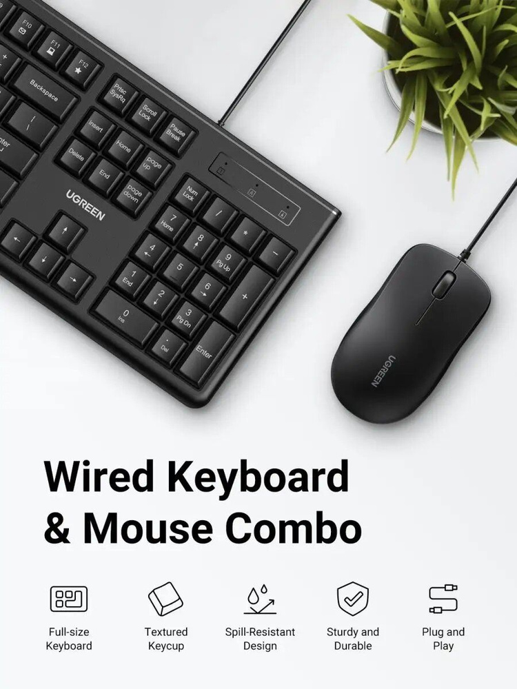 Комплект проводная клавиатура + мышь UGREEN MK003 Keyboard and Mouse set с кабелем USB черный  #1