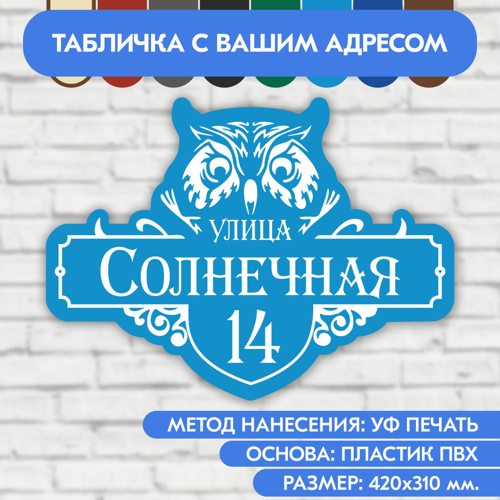 Адресная табличка на дом 420х310 мм. "Домовой знак Сова", голубая, из пластика, УФ печать не выгорает #1