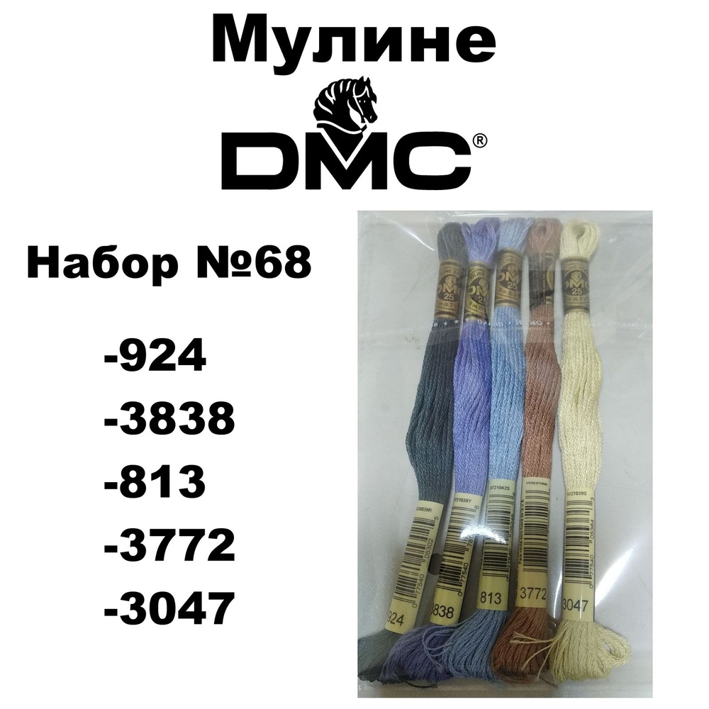 Нитки мулине DMC Embroidery для вышивания / Набор №68 / цвета 924, 3838, 813, 3772, 3047  #1