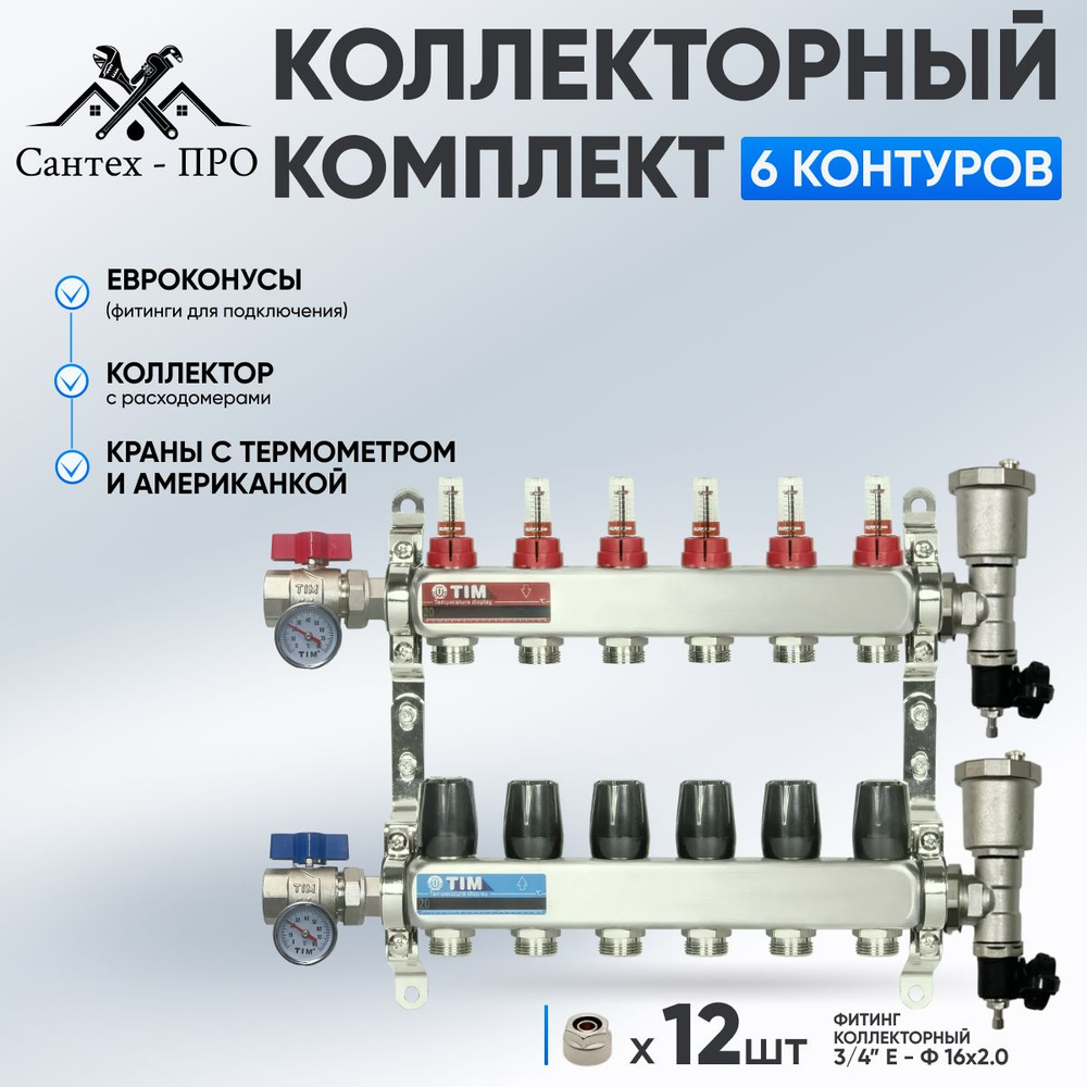 Коллектор для теплого пола на 6 контуров с расходомерами, кранами с термометрами и евроконусами до 80 #1