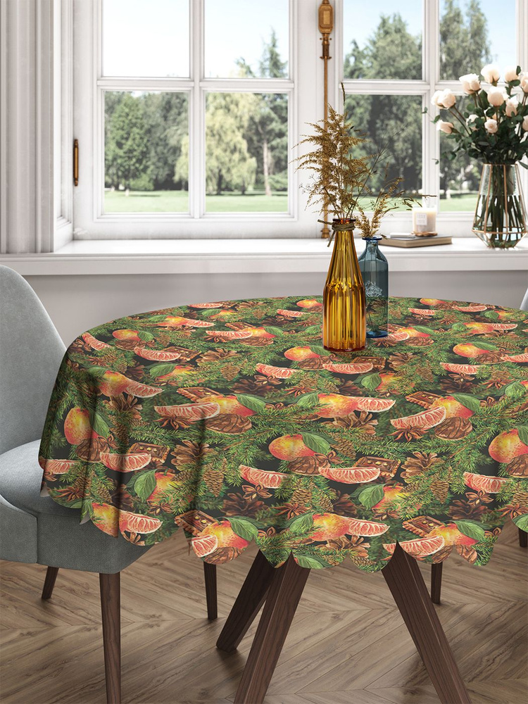 Скатерть круглая тканевая на стол JoyArty с рисунком "Праздничные мандарины" 150 на 150 см  #1