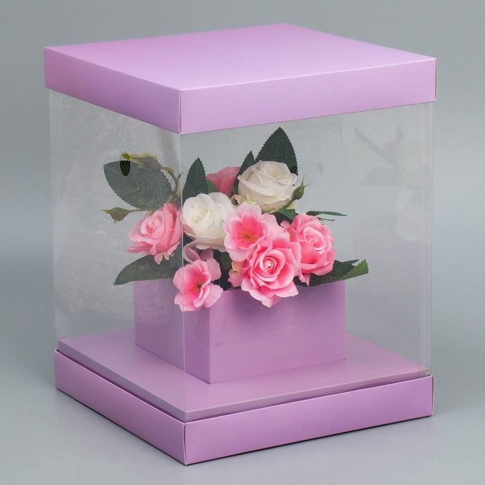 Коробка для цветов Дарите Счастье с вазой и PVC окнами, складная, "Лаванда", 23х30х23 см  #1