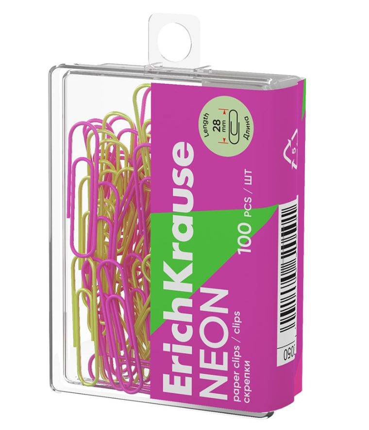 "ErichKrause". Скрепки канцелярские "Neon", металлические с виниловым покрытием 28мм. в пластиковой коробке #1