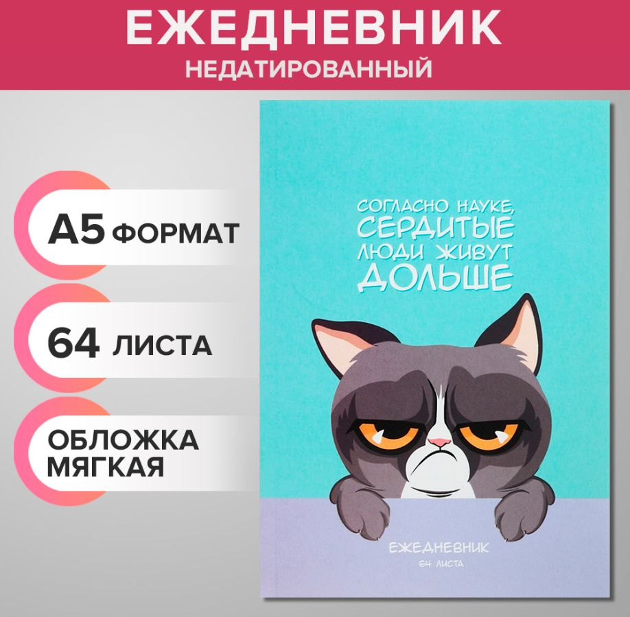 Ежедневник недатированный на склейке А5 64 листов, мягкая обложка "Сердитый котик"  #1