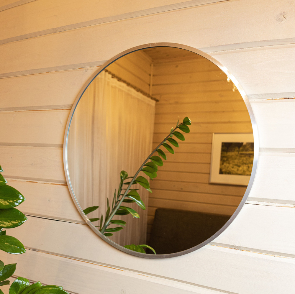 Зеркало 60 см настенное круглое интерьерное в стиле лофт, для ванной, гостиной, прихожей, спальни, серебристое. #1