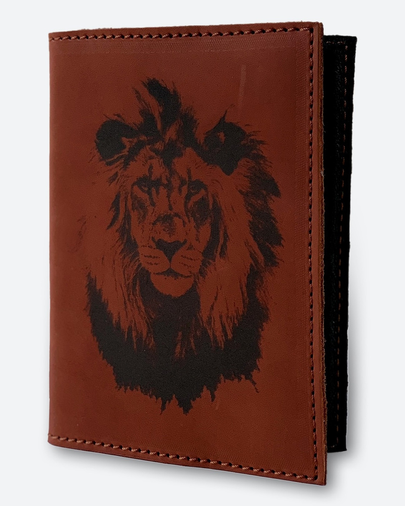 Обложка на паспорт натуральная кожа женская мужская Лев бегущий темно-коричневый KAZA  #1