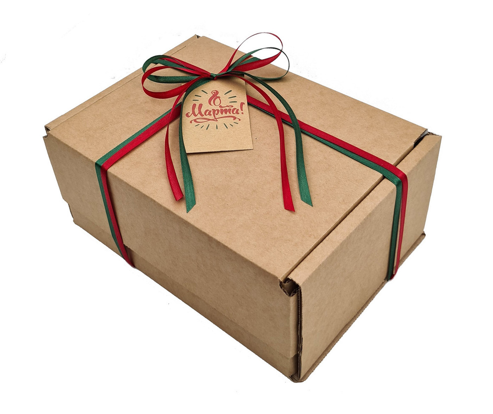 Крафтовая подарочная коробка "8 МАРТА" (22х16,5х10 см) с наполнителем тишью,зеленой и красной атласными #1