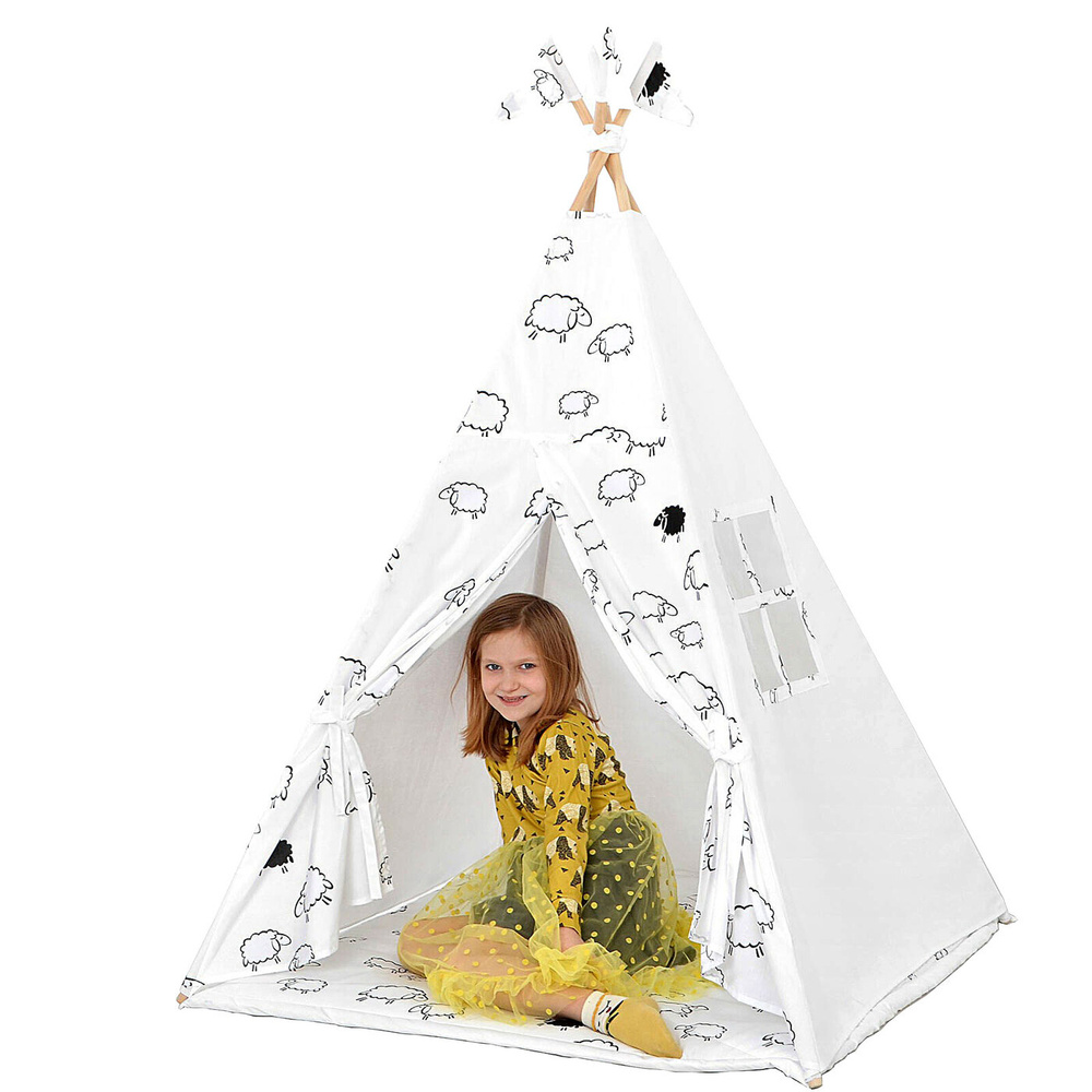 Вигвам Для Детей Игровой Домик-Палатка MASHUSHA "Белые Овечки". Комплект с Ковриком, Окошком, Флажками #1