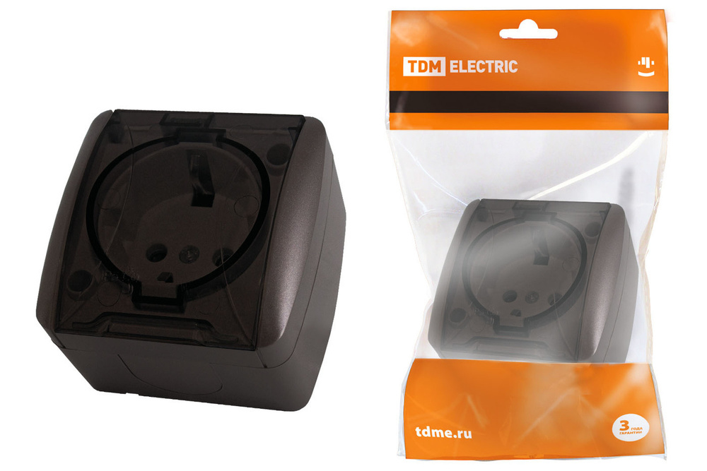 Розетка 2П+3 открытой установки IP54 16А с прозрачной крышкой шоколад ...