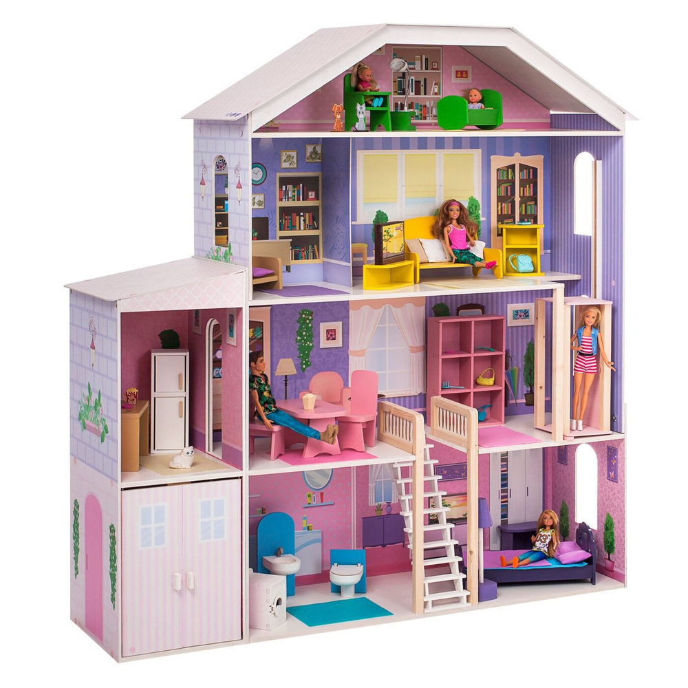 Деревянный кукольный домик "Фантазия", 19 предметов мебели в наборе, с гаражом, для кукол 30 см  #1