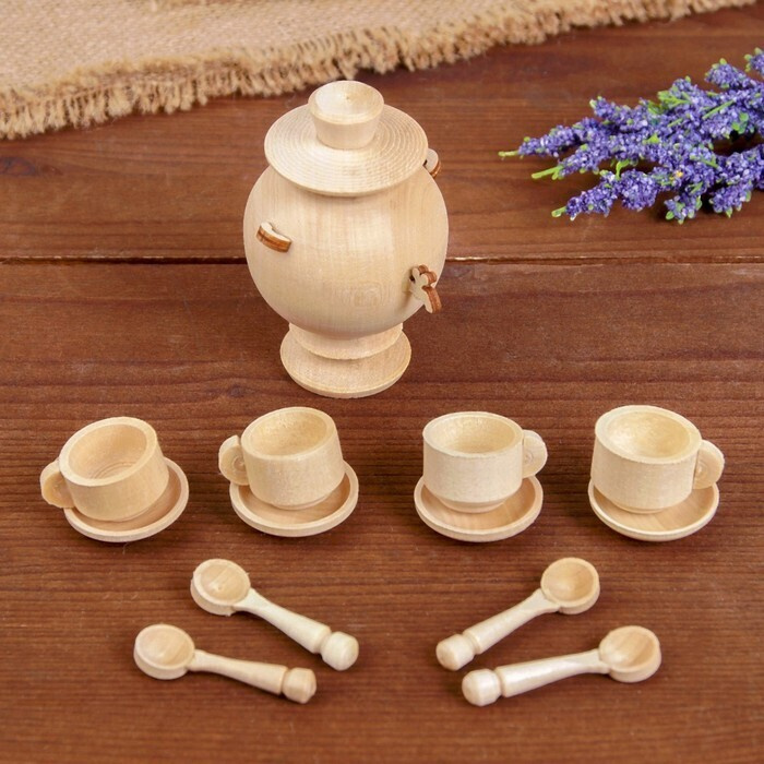 Деревянный игровой набор Чайный сервиз с самоваром, посуда для кукол  #1