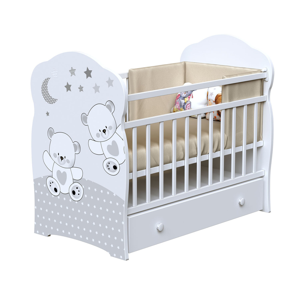Кроватка детская ВДК Funny Bears для новорожденных, с маятником и ящиком для белья, массив березы, белый #1
