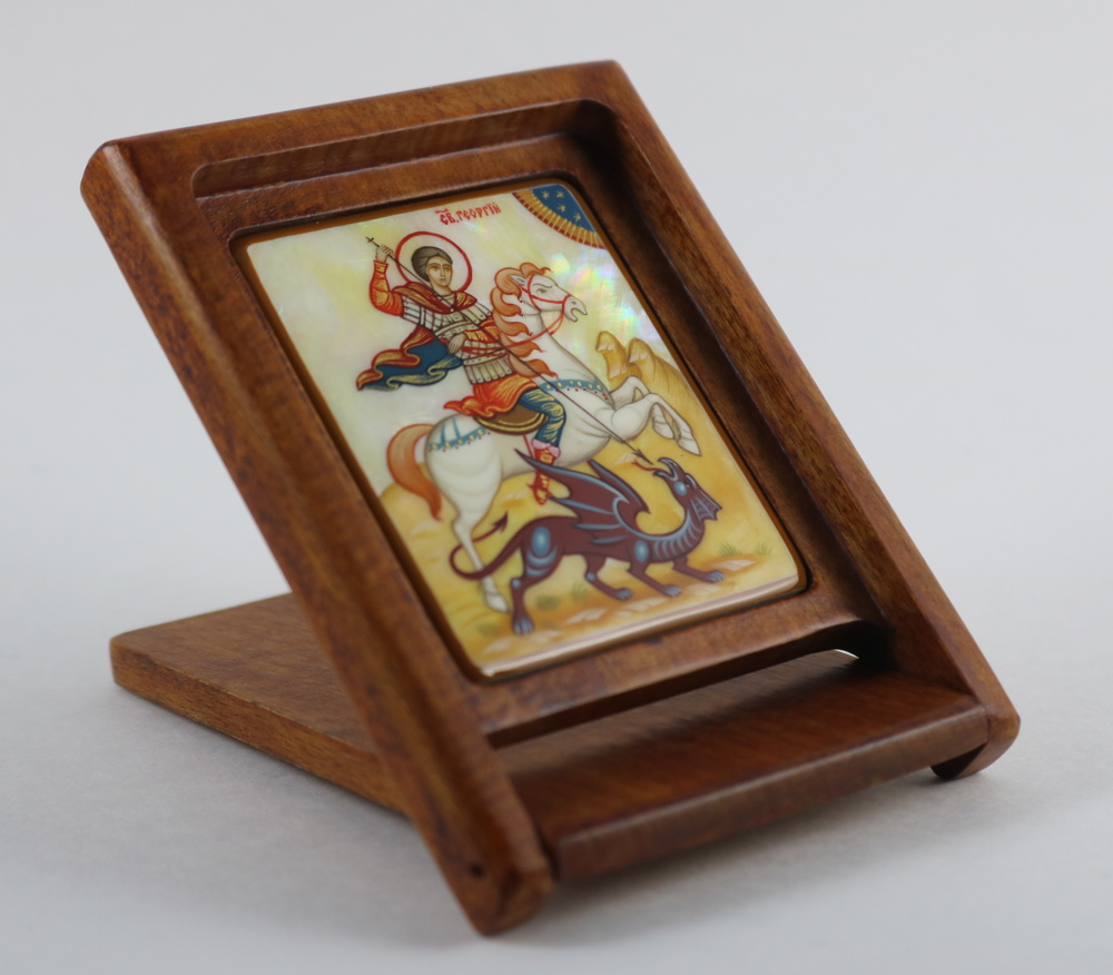 Рукописная икона складень "Святой великомученик Георгий Победоносец" на перламутре, 9*7 см  #1
