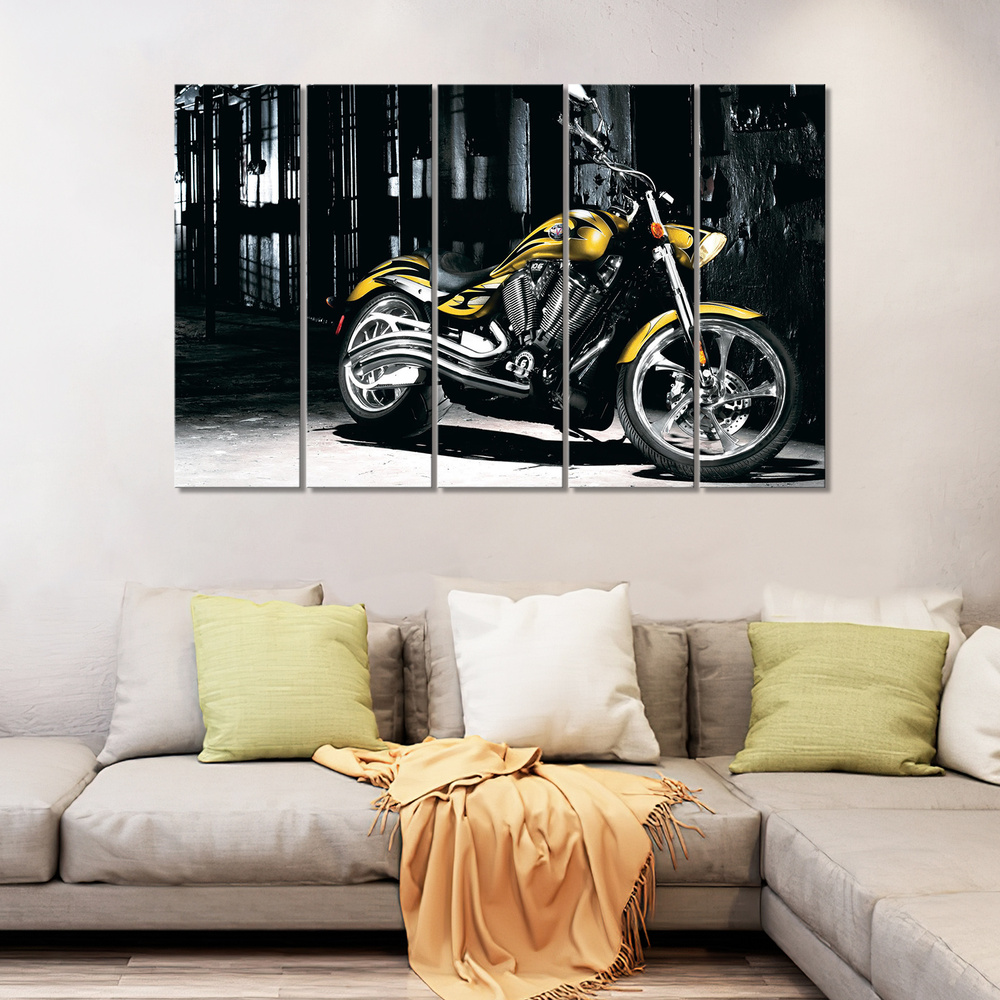 Модульная картина для интерьера на стену Мотоцикл, желтый байк в городе 125х80  #1