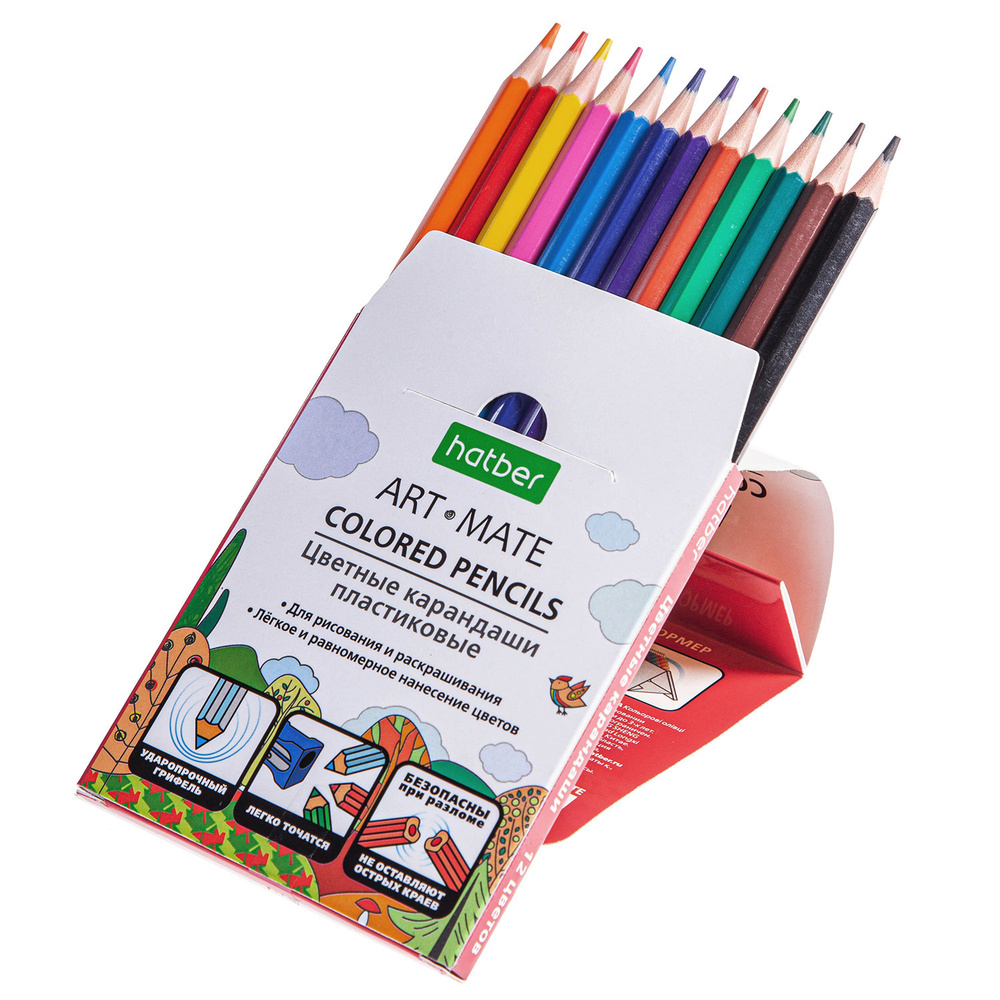 Набор цветных карандашей пластиковых Hatber eco 12 цветов с заточкой в картонной коробке с европодвесом #1