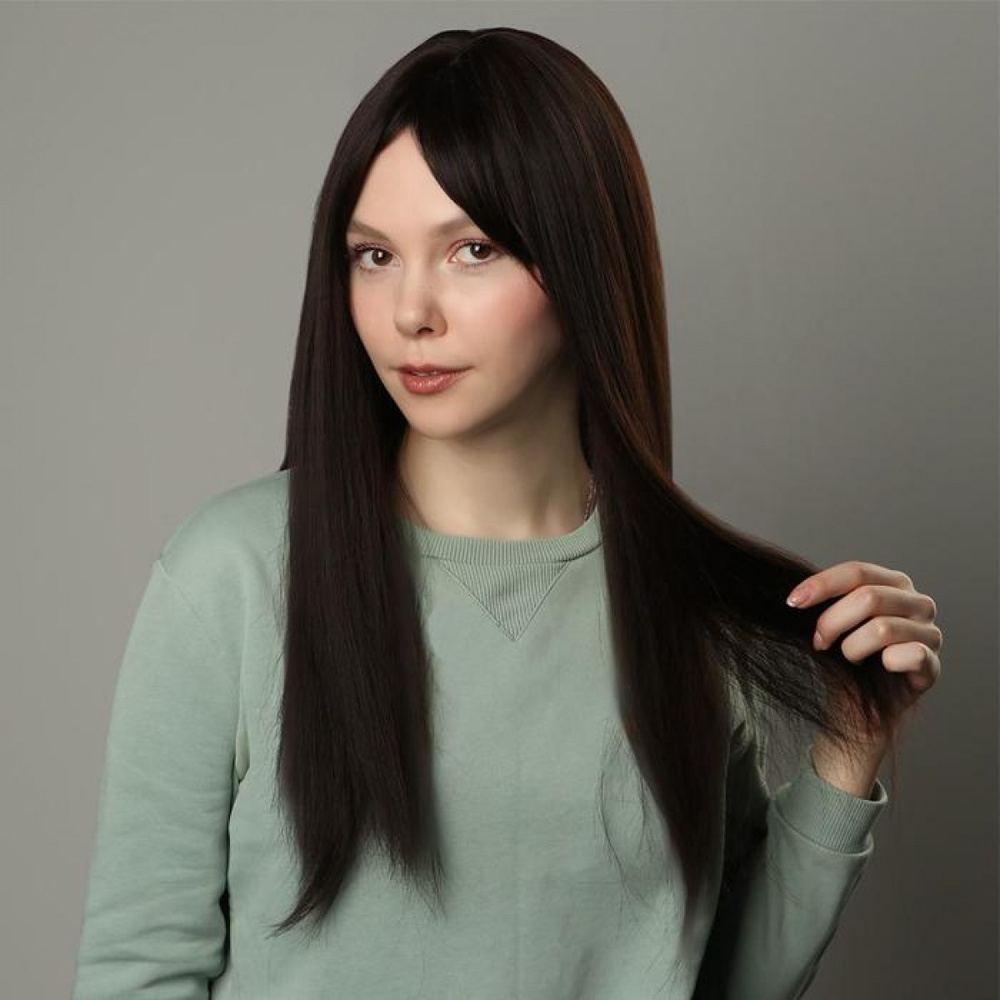 Каштановый парик с длинными волосами и чёлкой, с имитацией кожи (60 см)  #1