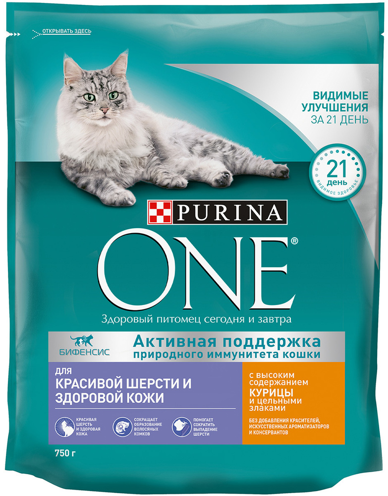 Сухой корм PURINA ONE для взрослых кошек с чувствительной кожей и шерстью с курицей и злаками (0,75 кг) #1